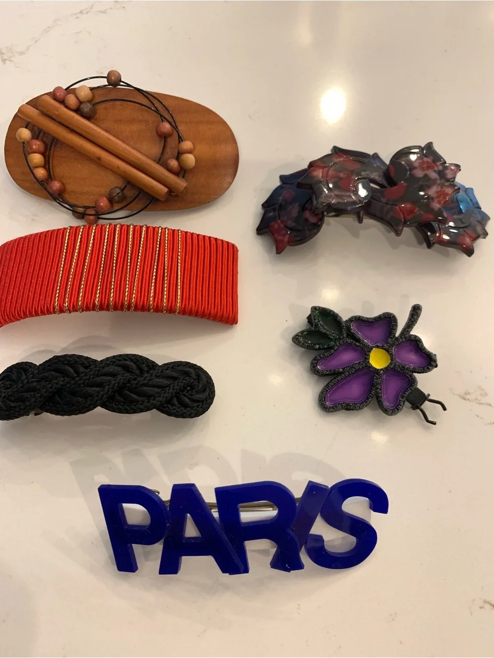 Vintage Hair Clip Accessory Lot Set Of (6) Paris, Braided, Wooden & Metal